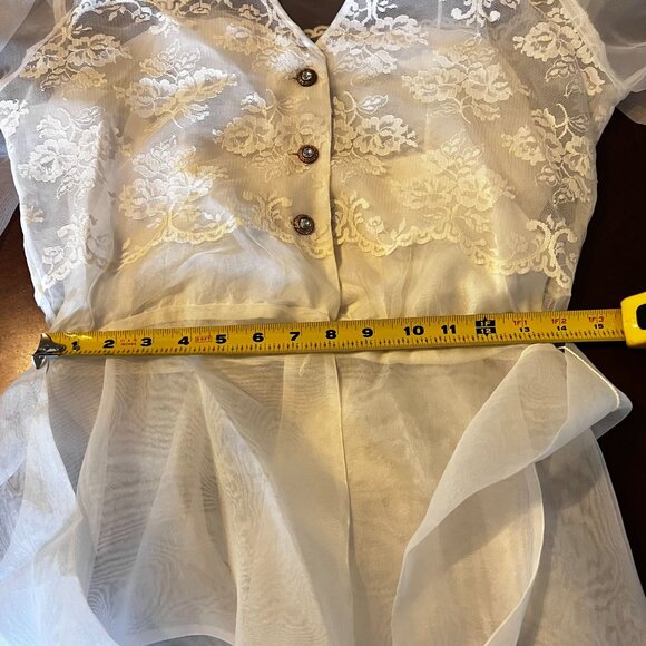 Sheer White Lace Button-Front Top Belted Waist & Long Sleeves Alex Evenings - Picture 11 of 15